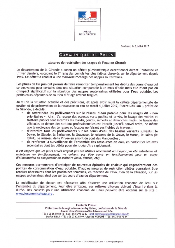 Mesures de restriction de l&#039;usage de l&#039;eau en Gironde Communiqué de Presse